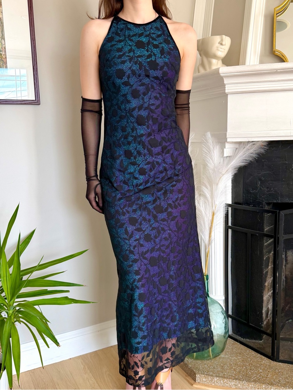 Y2K Iridescent Teal & Purple Mesh Floral Overlay Prom Formal Dress size S